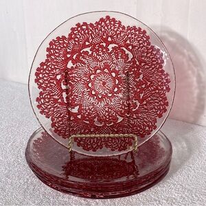 Anthropologie Textured Glass Red Lace Side Plates x4